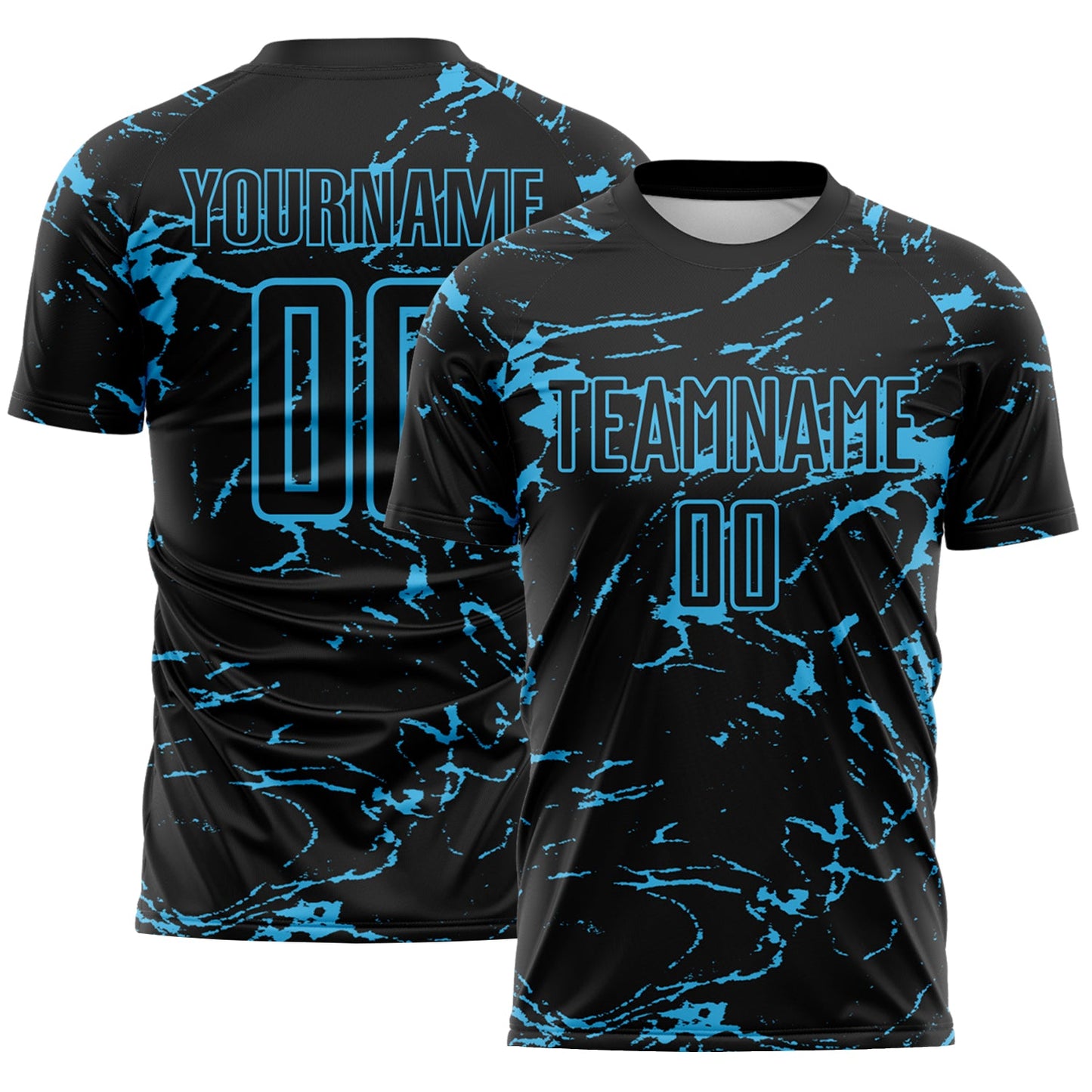 Custom Black-Sky Blue Abstract Fluid Marble Sublimation Soccer Uniform Jersey - Main View