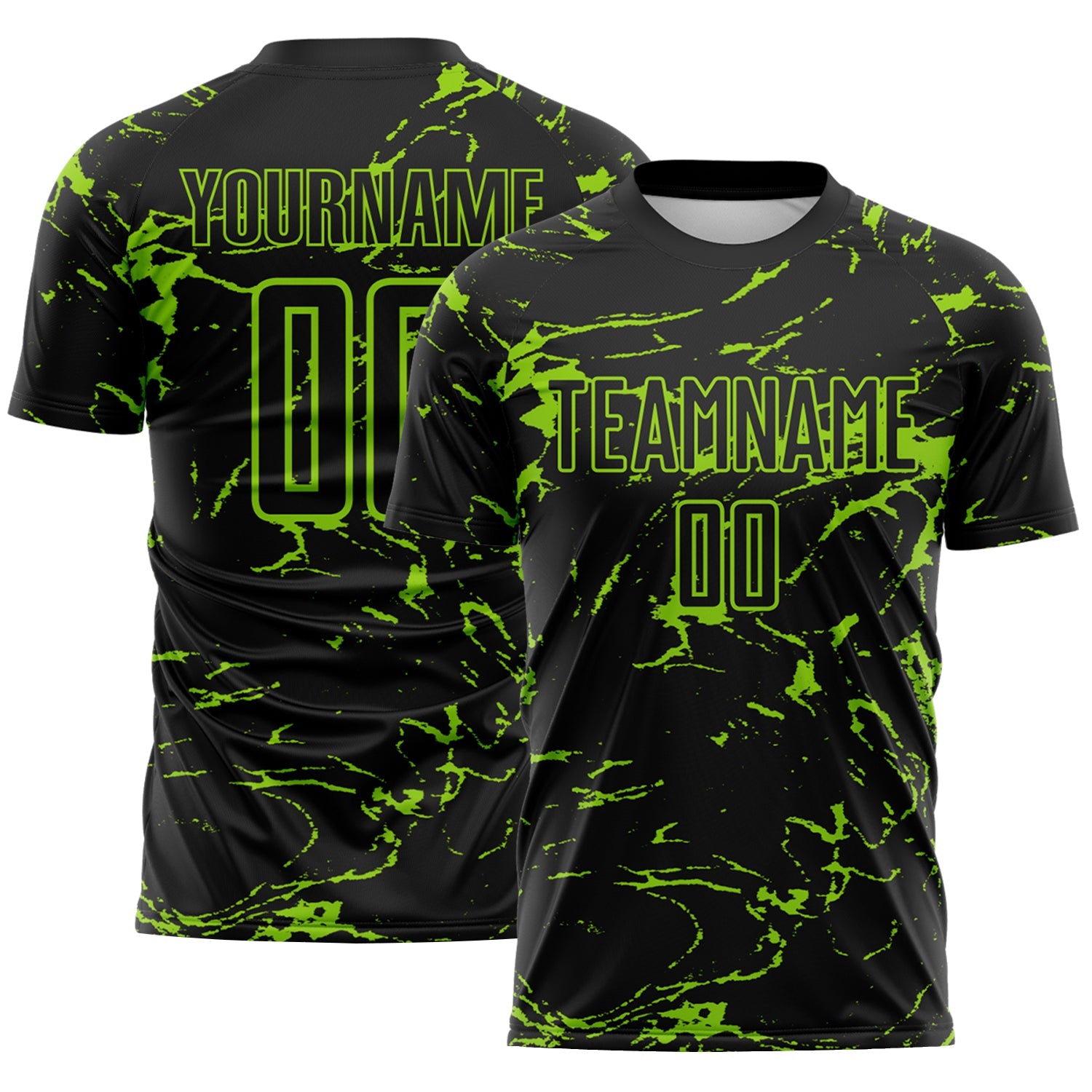 Custom Black-Neon Green Abstract Fluid Marble Sublimation Soccer Uniform Jersey - Main View