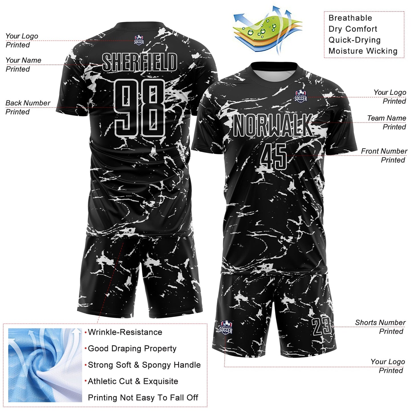 Custom Black-White Abstract Fluid Marble Sublimation Soccer Uniform Jersey view 4