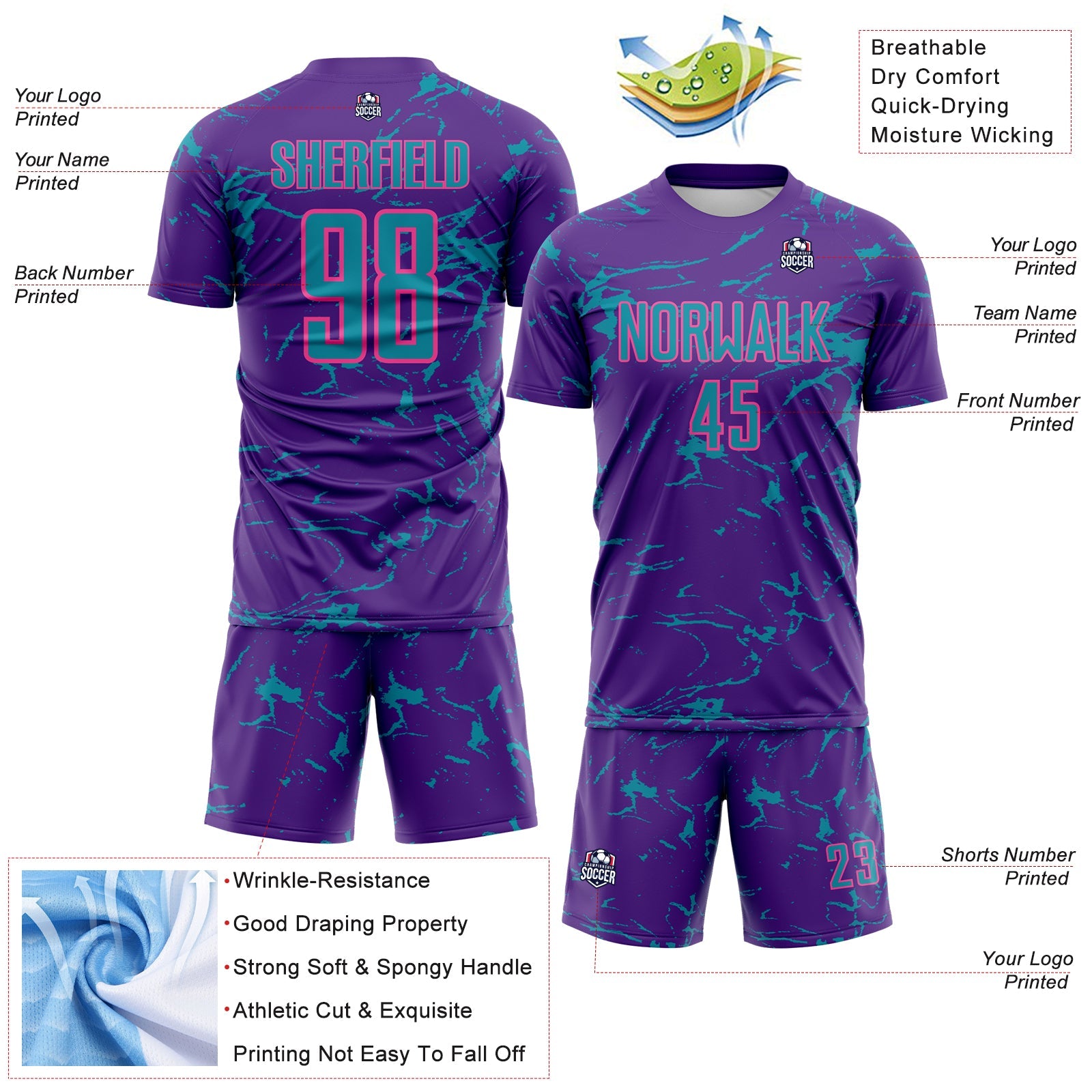 Custom Purple Teal-Pink Abstract Fluid Marble Sublimation Soccer Uniform Jersey view 4