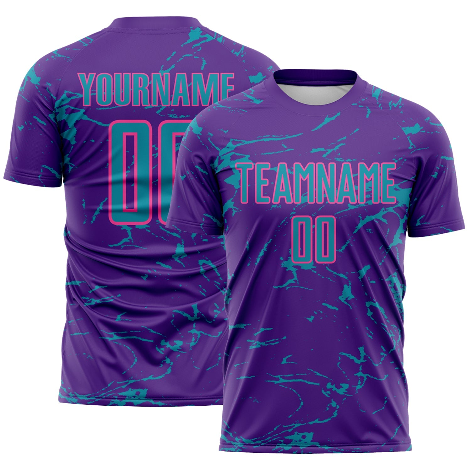 Custom Purple Teal-Pink Abstract Fluid Marble Sublimation Soccer Uniform Jersey - Main View