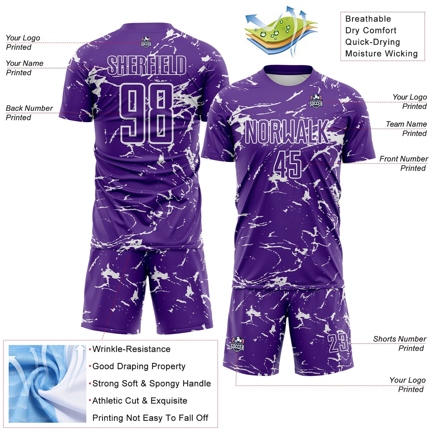 Custom Purple-White Abstract Fluid Marble Sublimation Soccer Uniform Jersey view 4