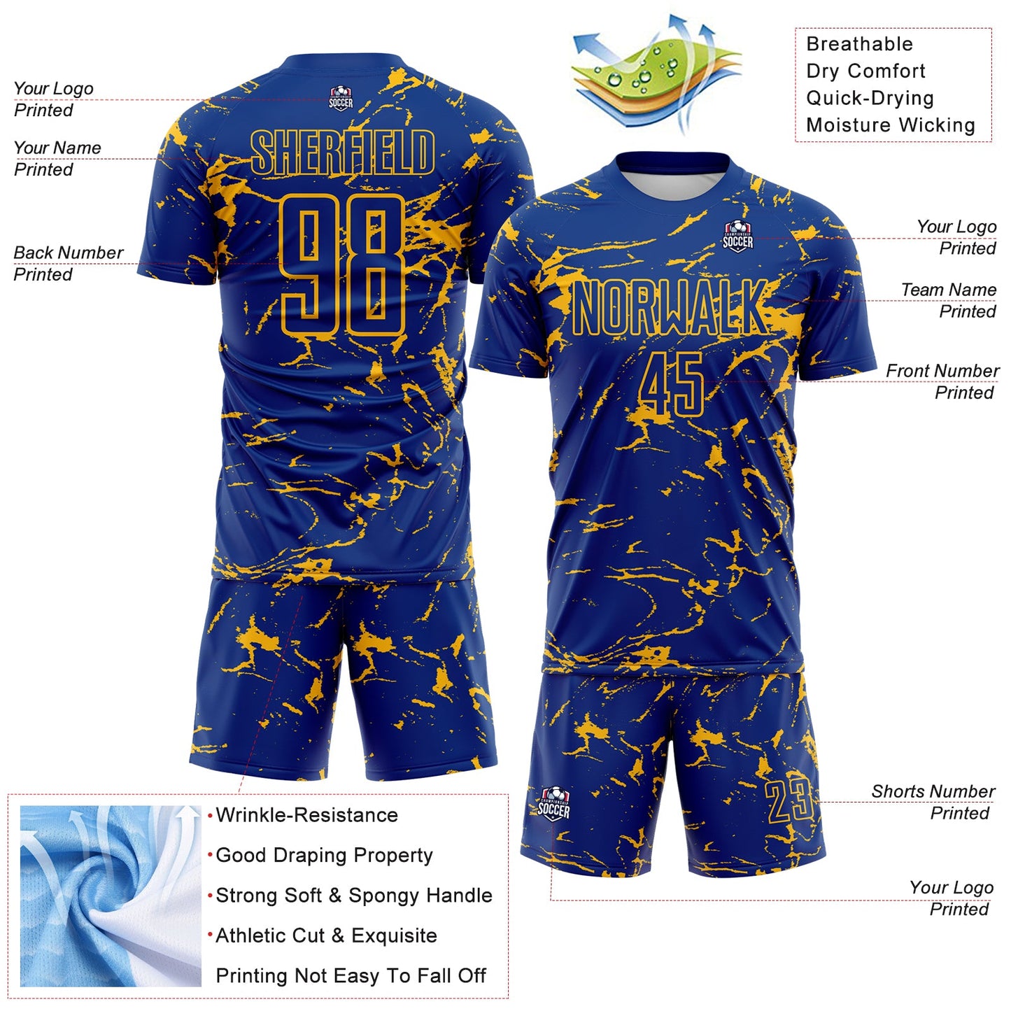 Custom Royal-Gold Abstract Fluid Marble Sublimation Soccer Uniform Jersey view 4