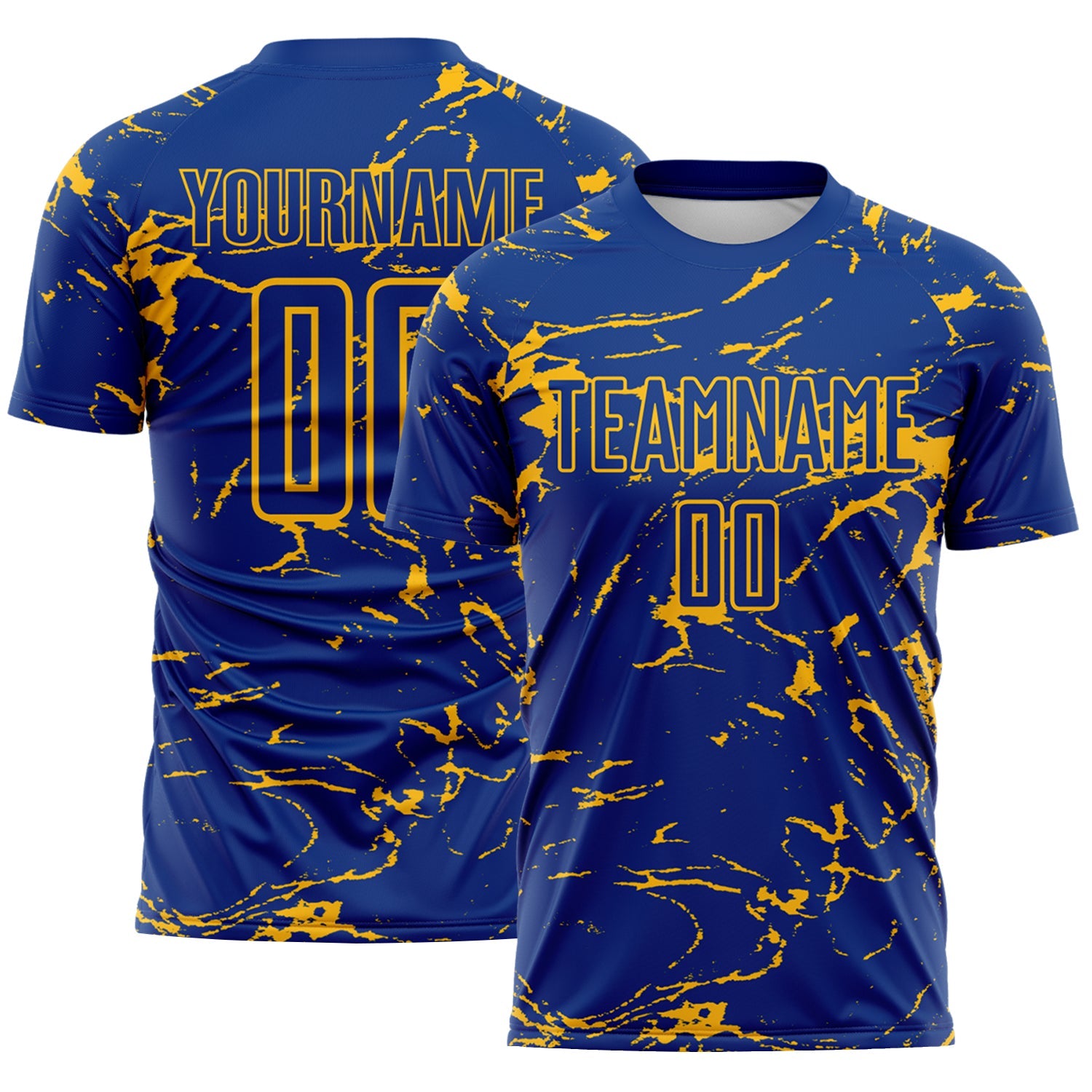 Custom Royal-Gold Abstract Fluid Marble Sublimation Soccer Uniform Jersey - Main View