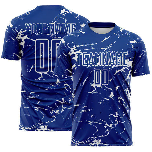 Custom Royal-White Abstract Fluid Marble Sublimation Soccer Uniform Jersey - Main View