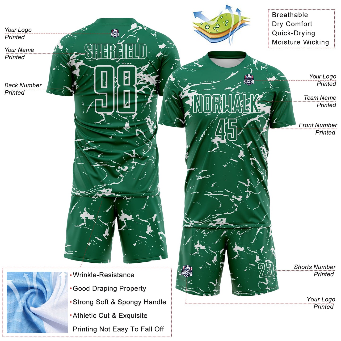 Custom Kelly Green-White Abstract Fluid Marble Sublimation Soccer Uniform Jersey view 4