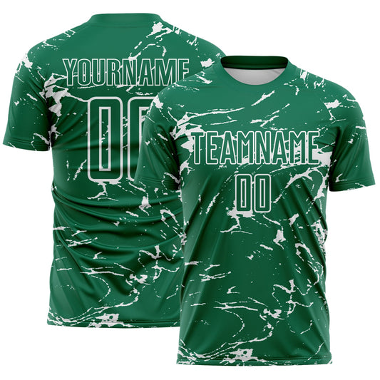 Custom Kelly Green-White Abstract Fluid Marble Sublimation Soccer Uniform Jersey - Main View