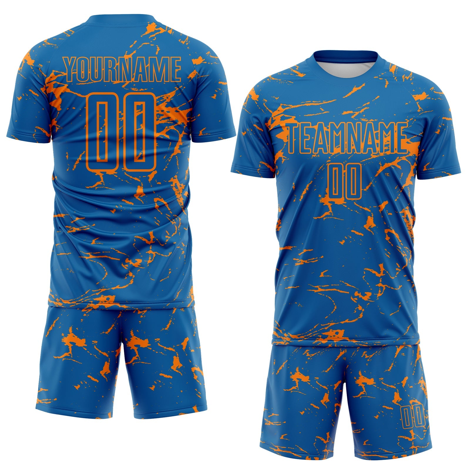 Custom Blue-Bay Orange Abstract Fluid Marble Sublimation Soccer Uniform Jersey view 2