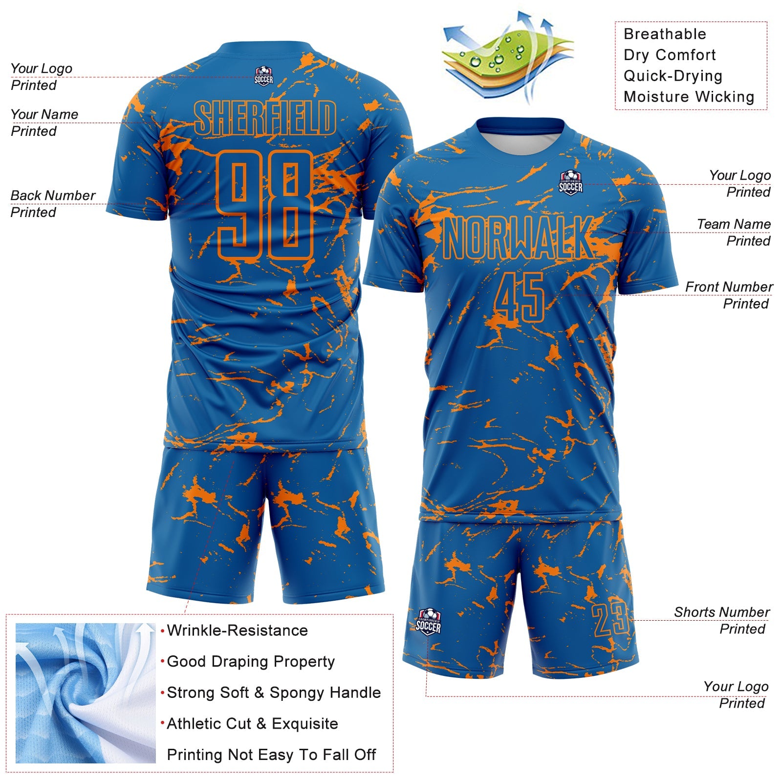 Custom Blue-Bay Orange Abstract Fluid Marble Sublimation Soccer Uniform Jersey view 4