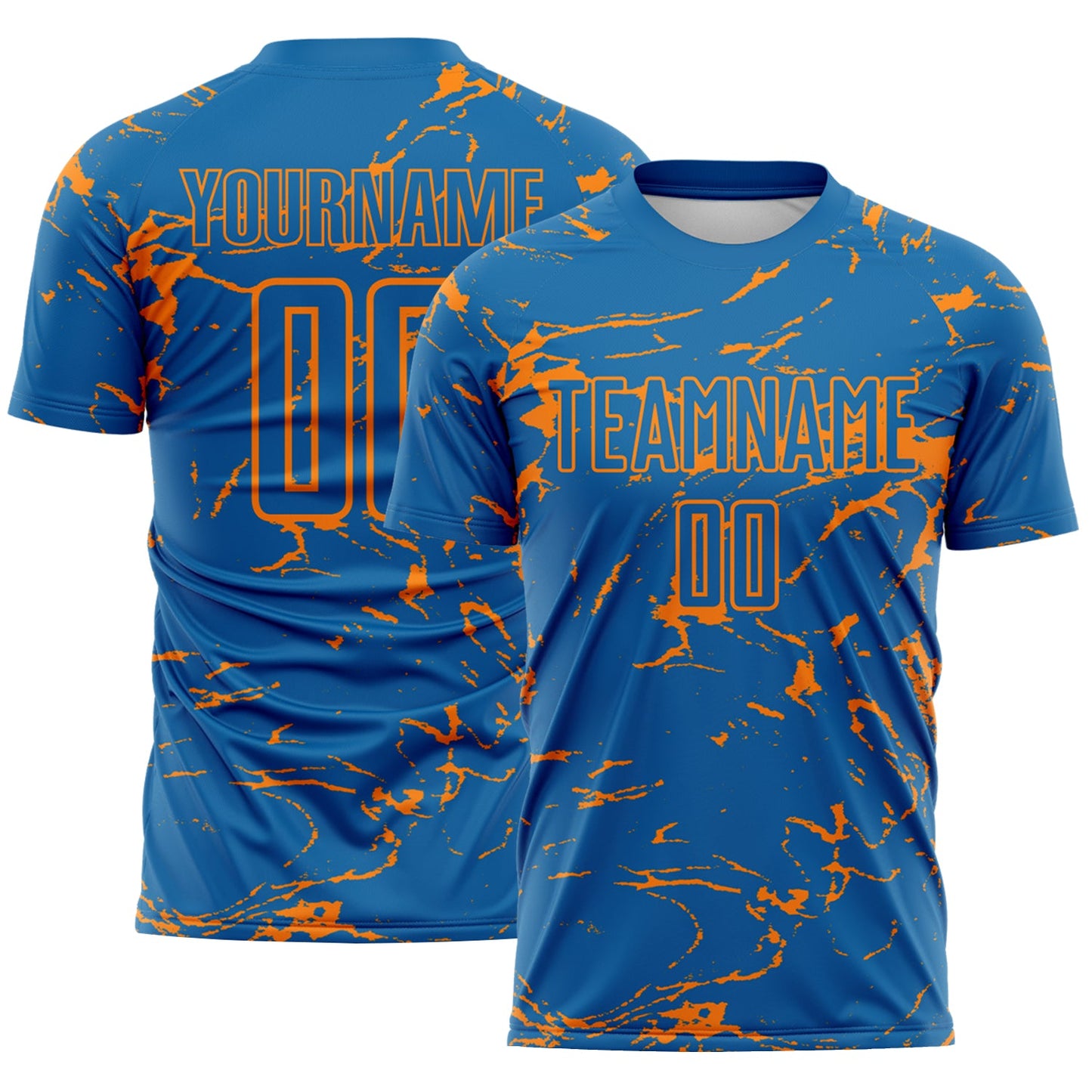 Custom Blue-Bay Orange Abstract Fluid Marble Sublimation Soccer Uniform Jersey - Main View