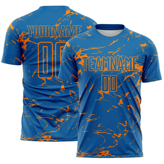 Custom Blue-Bay Orange Abstract Fluid Marble Sublimation Soccer Uniform Jersey - Main View