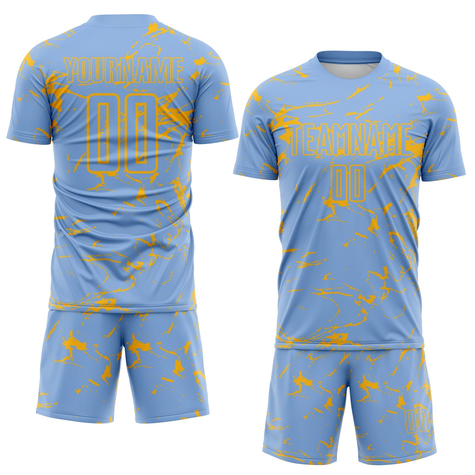 Custom Light Blue-Gold Abstract Fluid Marble Sublimation Soccer Uniform Jersey view 2
