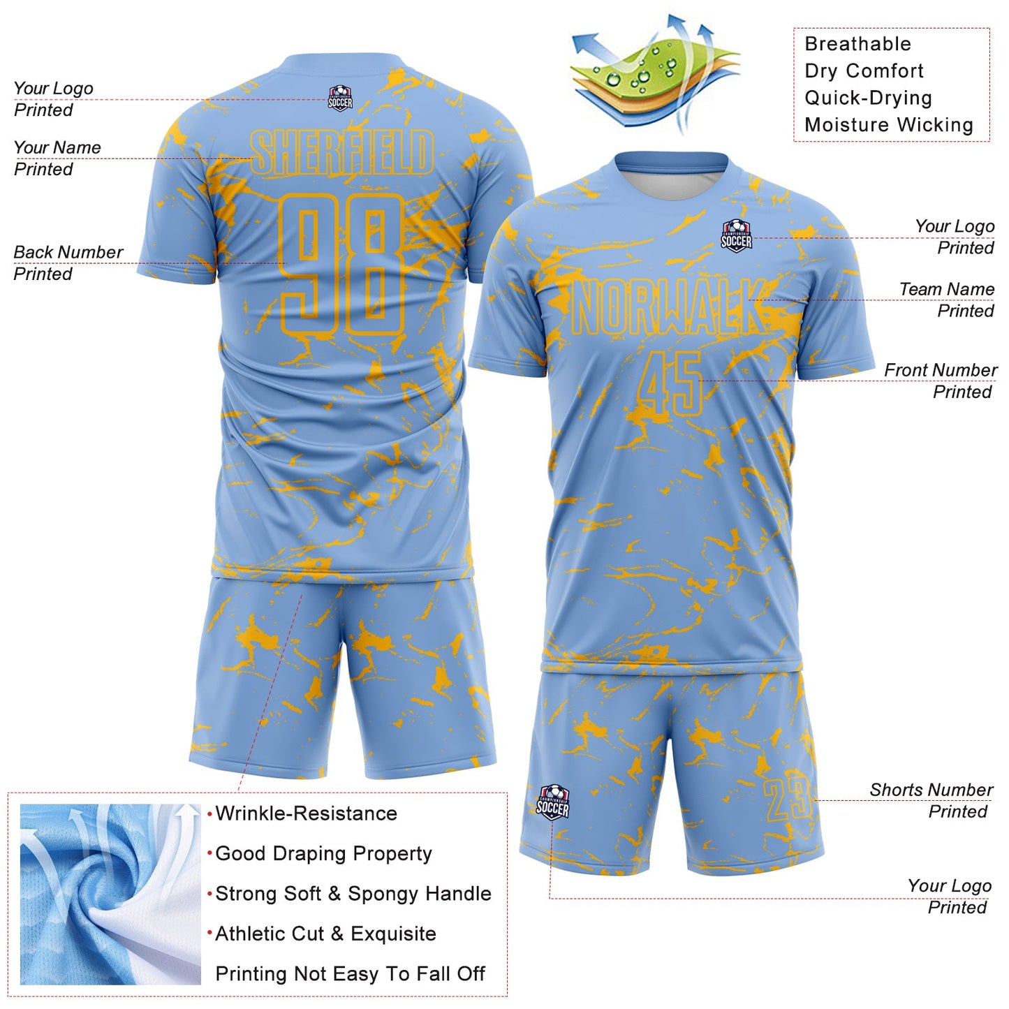Custom Light Blue-Gold Abstract Fluid Marble Sublimation Soccer Uniform Jersey view 4