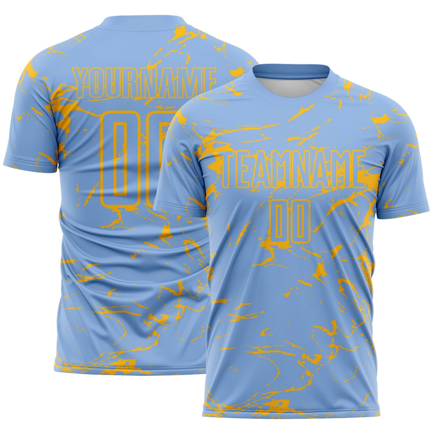 Custom Light Blue-Gold Abstract Fluid Marble Sublimation Soccer Uniform Jersey - Main View