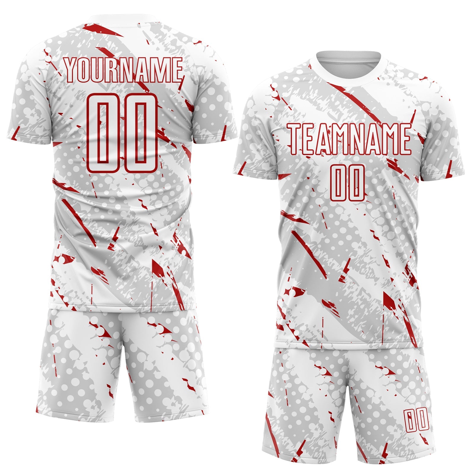 Custom White Red-Gray Brush Stroke Slashes And Dot Grid Sublimation Soccer Uniform Jersey view 2
