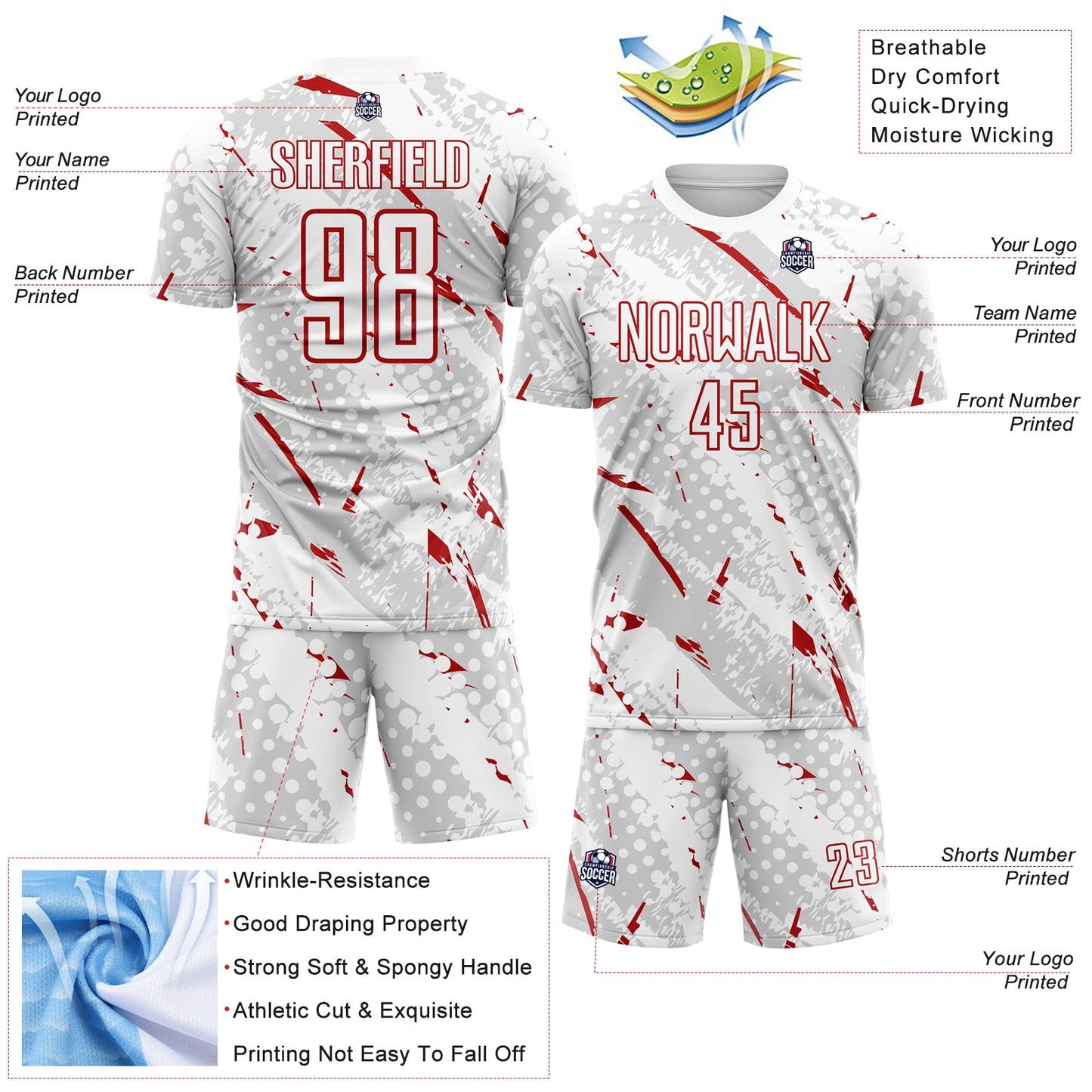Custom White Red-Gray Brush Stroke Slashes And Dot Grid Sublimation Soccer Uniform Jersey view 4