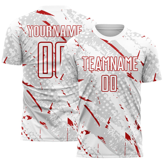 Custom White Red-Gray Brush Stroke Slashes And Dot Grid Sublimation Soccer Uniform Jersey - Main View