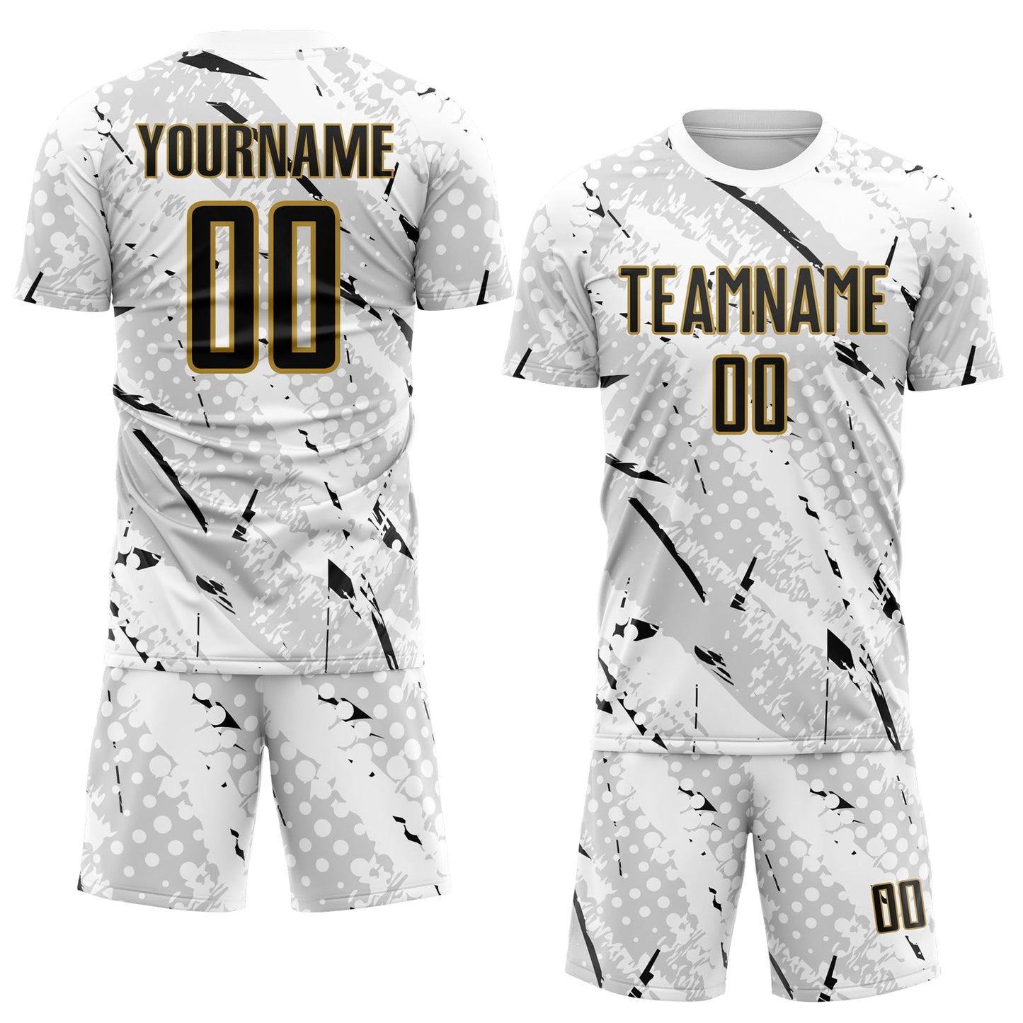 Custom White Black Gray-Old Gold Brush Stroke Slashes And Dot Grid Sublimation Soccer Uniform Jersey view 2