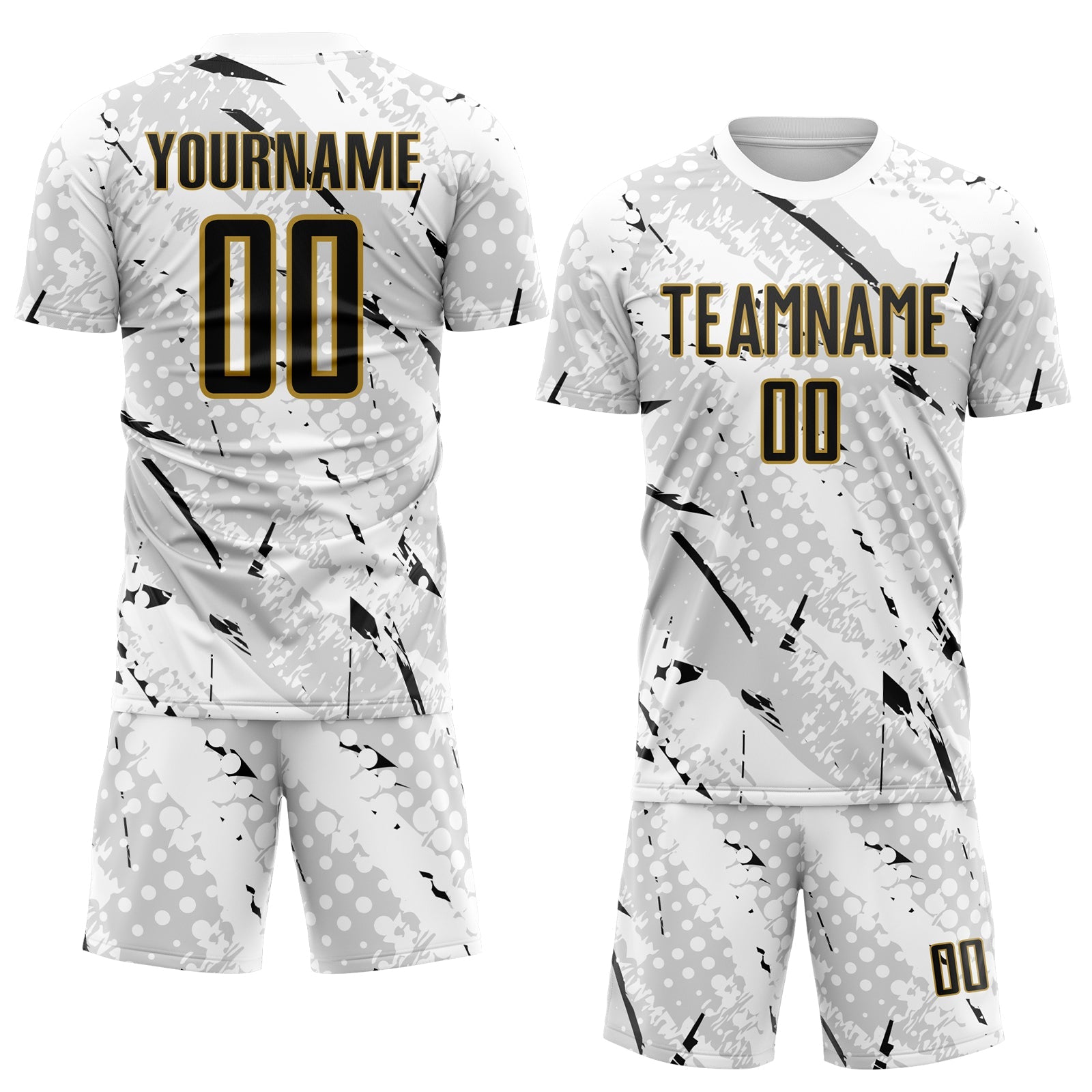 Custom White Black Gray-Old Gold Brush Stroke Slashes And Dot Grid Sublimation Soccer Uniform Jersey view 2