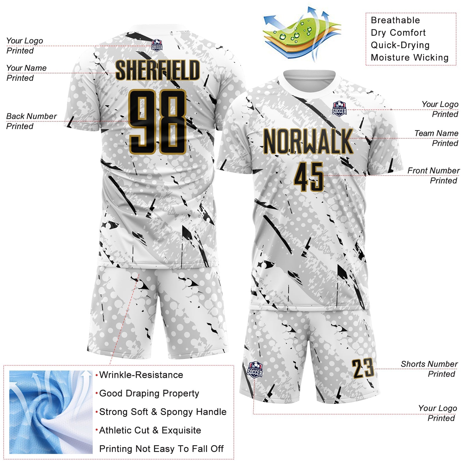 Custom White Black Gray-Old Gold Brush Stroke Slashes And Dot Grid Sublimation Soccer Uniform Jersey view 4
