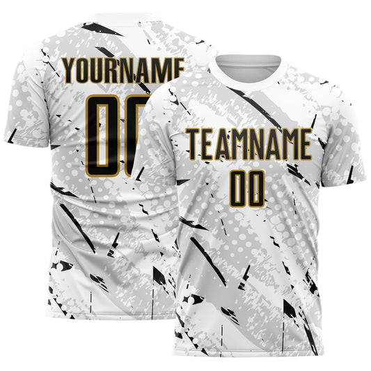 Custom White Black Gray-Old Gold Brush Stroke Slashes And Dot Grid Sublimation Soccer Uniform Jersey - Main View