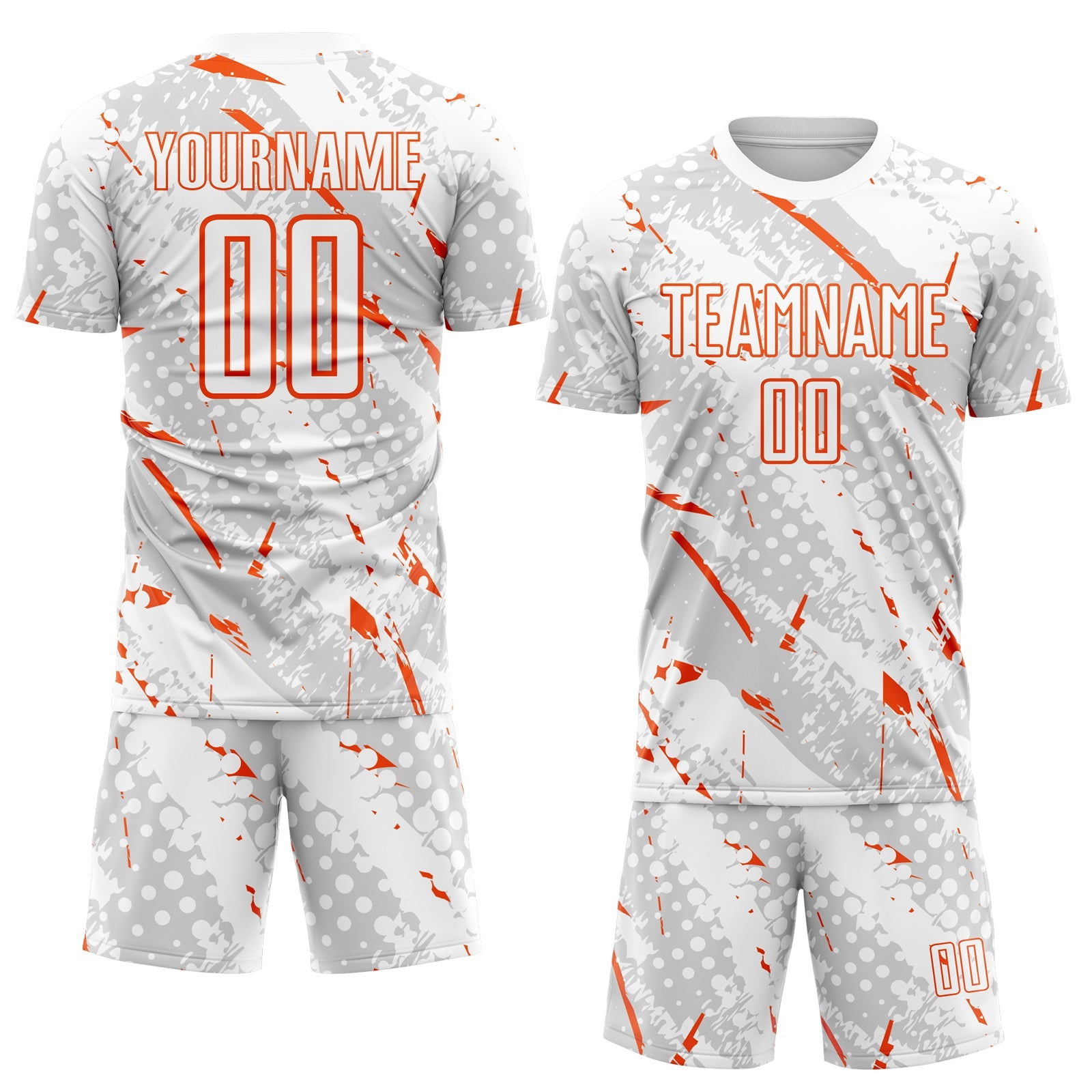 Custom White Orange-Gray Brush Stroke Slashes And Dot Grid Sublimation Soccer Uniform Jersey view 2