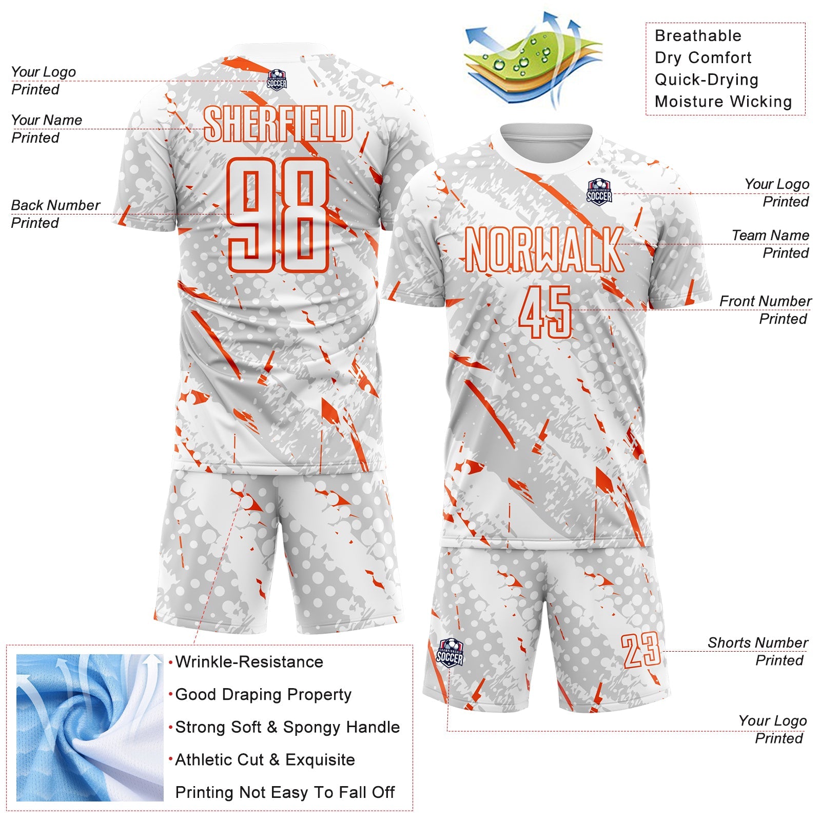 Custom White Orange-Gray Brush Stroke Slashes And Dot Grid Sublimation Soccer Uniform Jersey view 4
