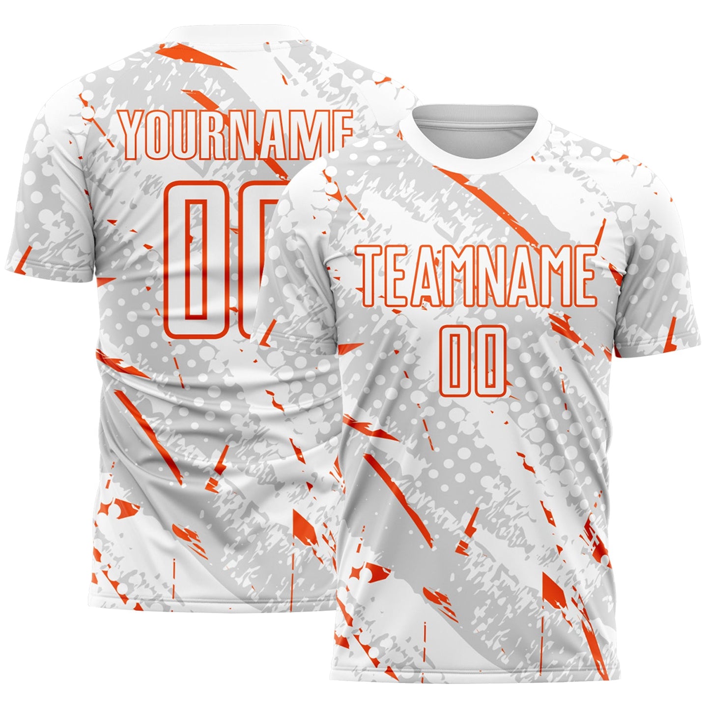 Custom White Orange-Gray Brush Stroke Slashes And Dot Grid Sublimation Soccer Uniform Jersey - Main View