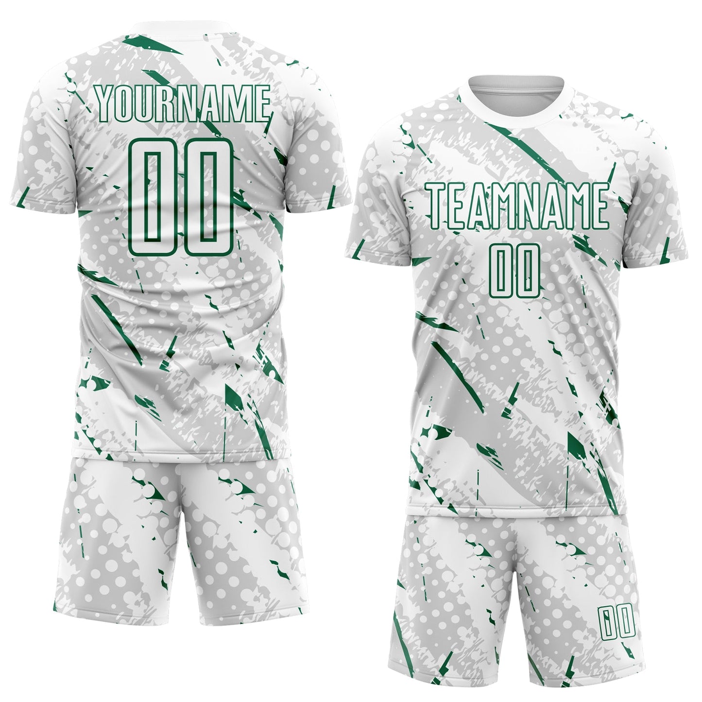 Custom White Kelly Green-Gray Brush Stroke Slashes And Dot Grid Sublimation Soccer Uniform Jersey view 2