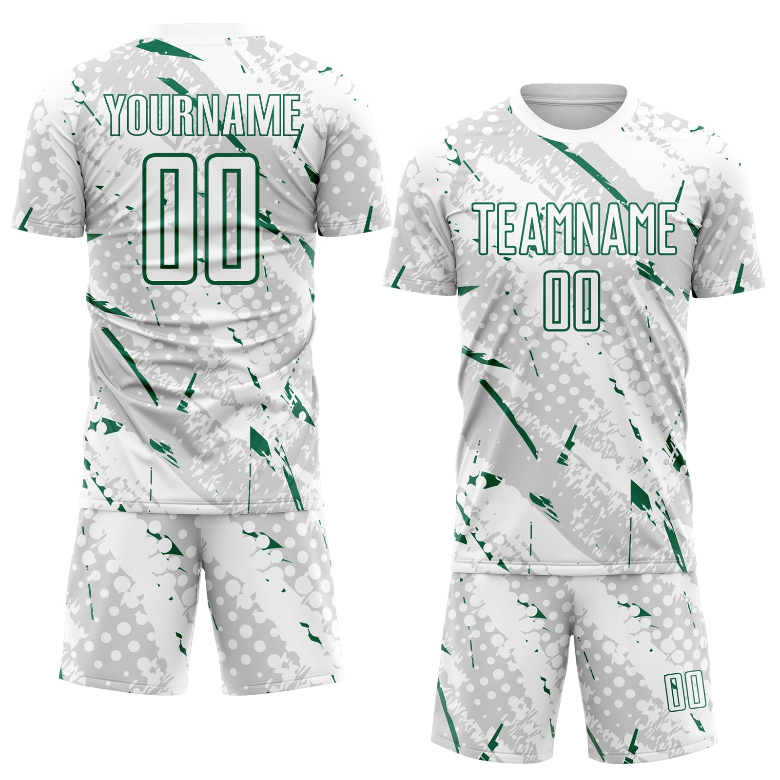 Custom White Kelly Green-Gray Brush Stroke Slashes And Dot Grid Sublimation Soccer Uniform Jersey view 2