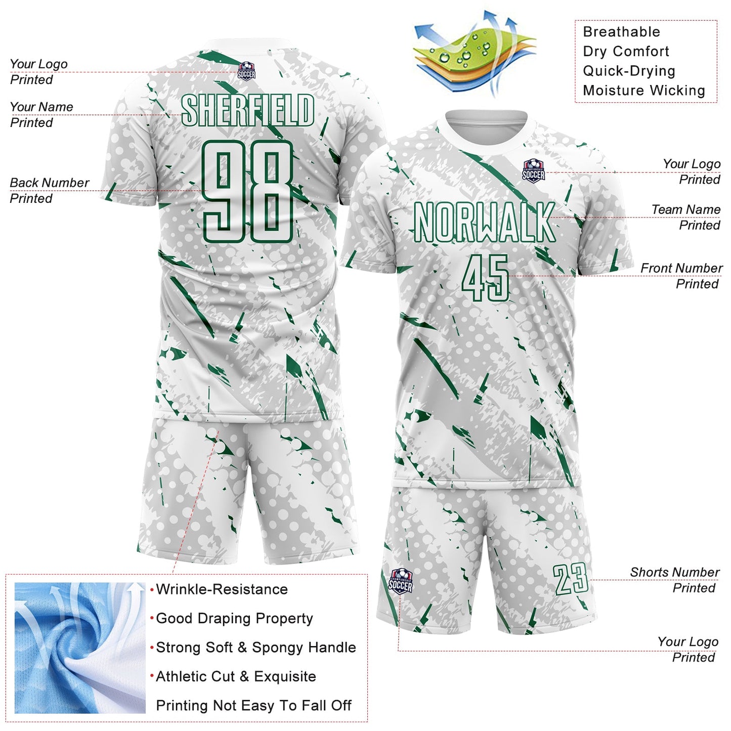 Custom White Kelly Green-Gray Brush Stroke Slashes And Dot Grid Sublimation Soccer Uniform Jersey view 4