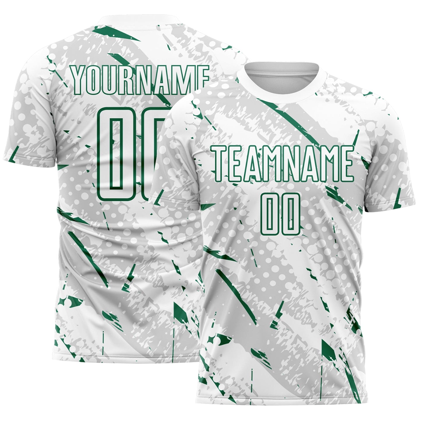 Custom White Kelly Green-Gray Brush Stroke Slashes And Dot Grid Sublimation Soccer Uniform Jersey - Main View