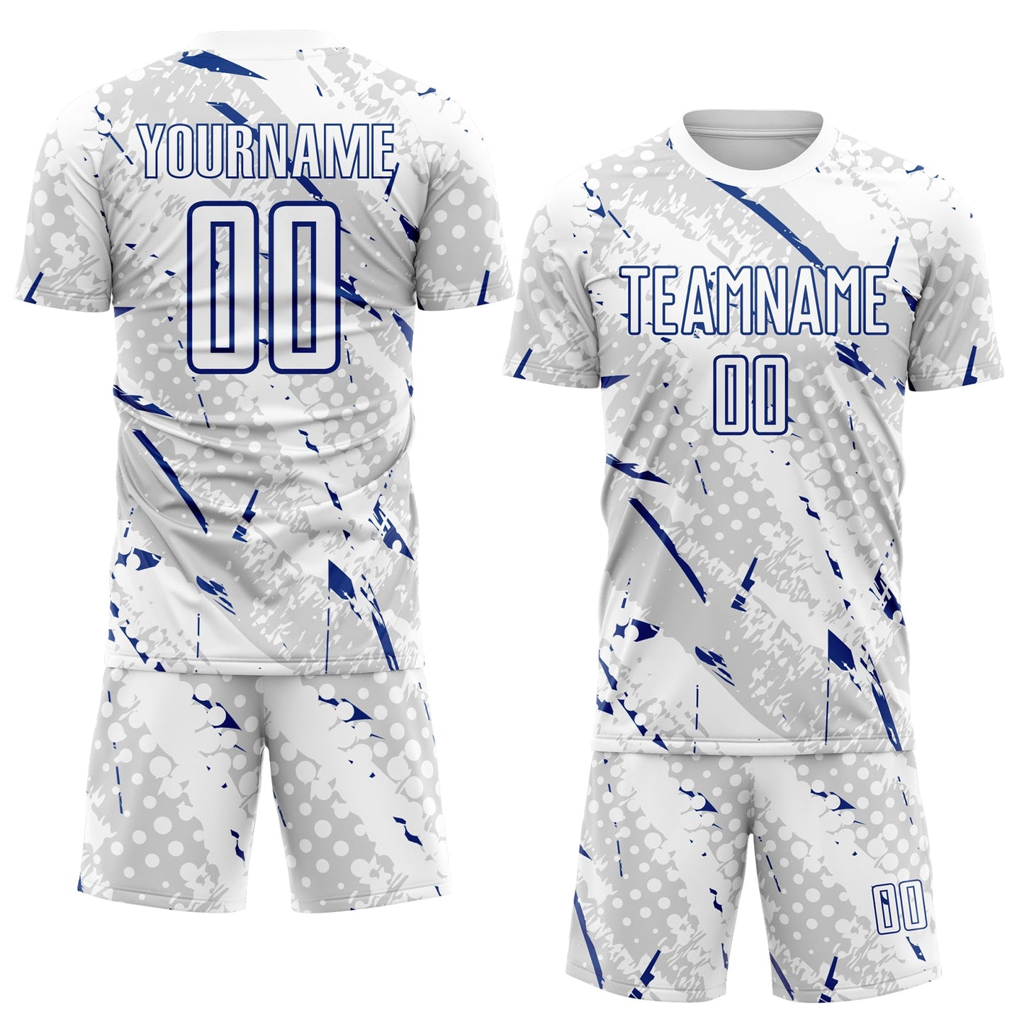 Custom White Royal-Gray Brush Stroke Slashes And Dot Grid Sublimation Soccer Uniform Jersey view 2