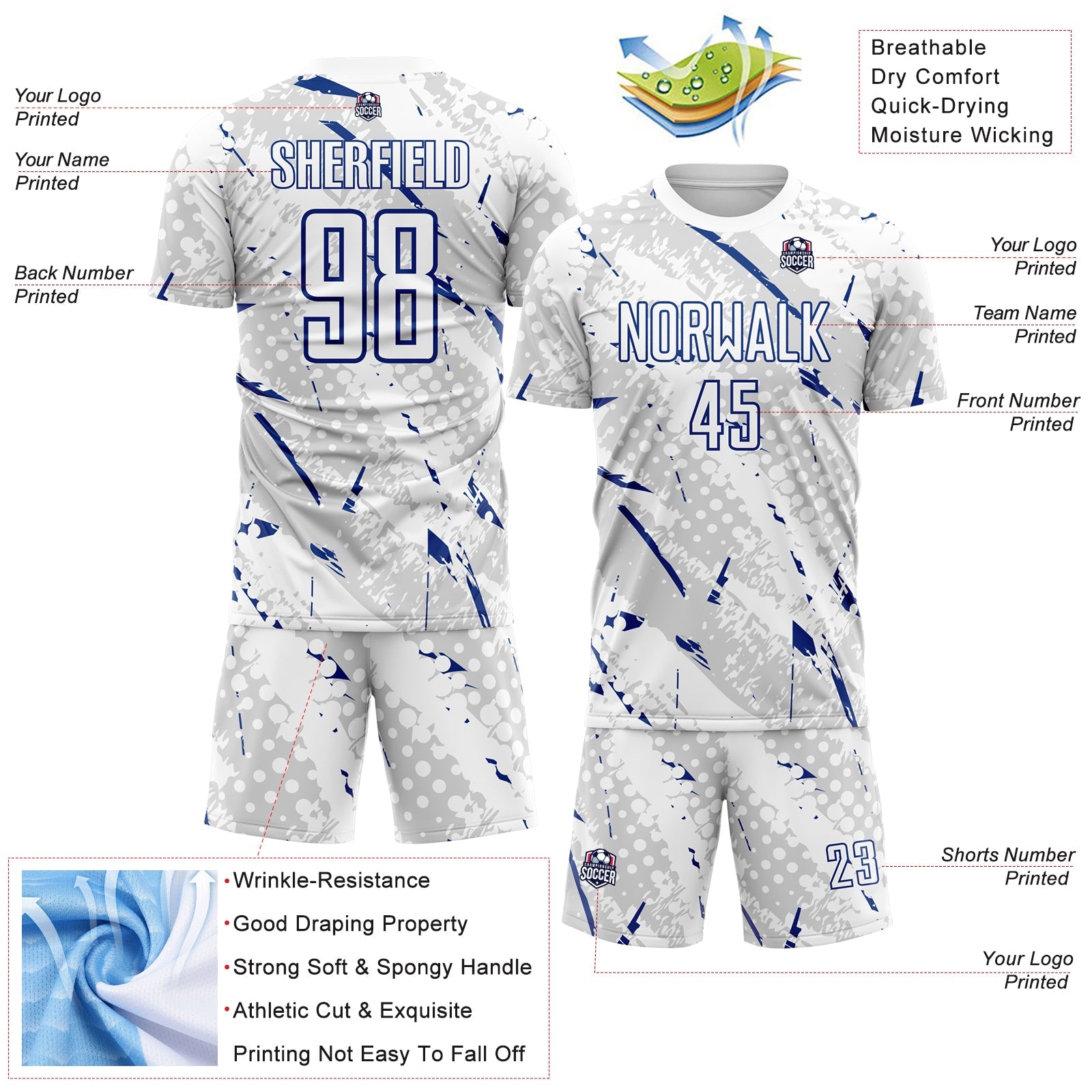 Custom White Royal-Gray Brush Stroke Slashes And Dot Grid Sublimation Soccer Uniform Jersey view 4