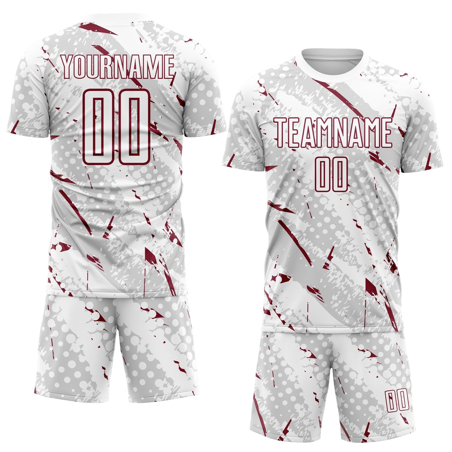 Custom White Crimson-Gray Brush Stroke Slashes And Dot Grid Sublimation Soccer Uniform Jersey view 2