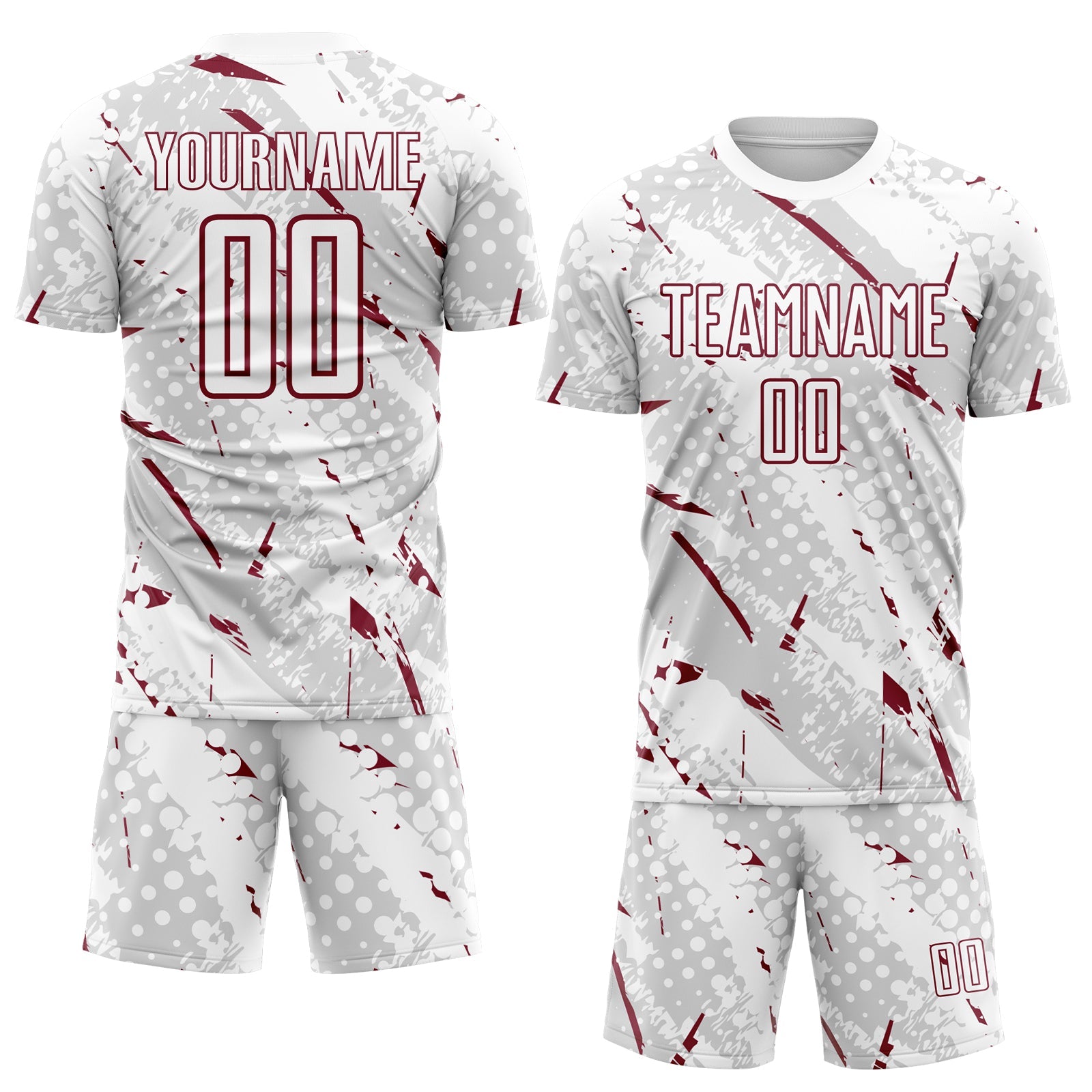 Custom White Crimson-Gray Brush Stroke Slashes And Dot Grid Sublimation Soccer Uniform Jersey view 2