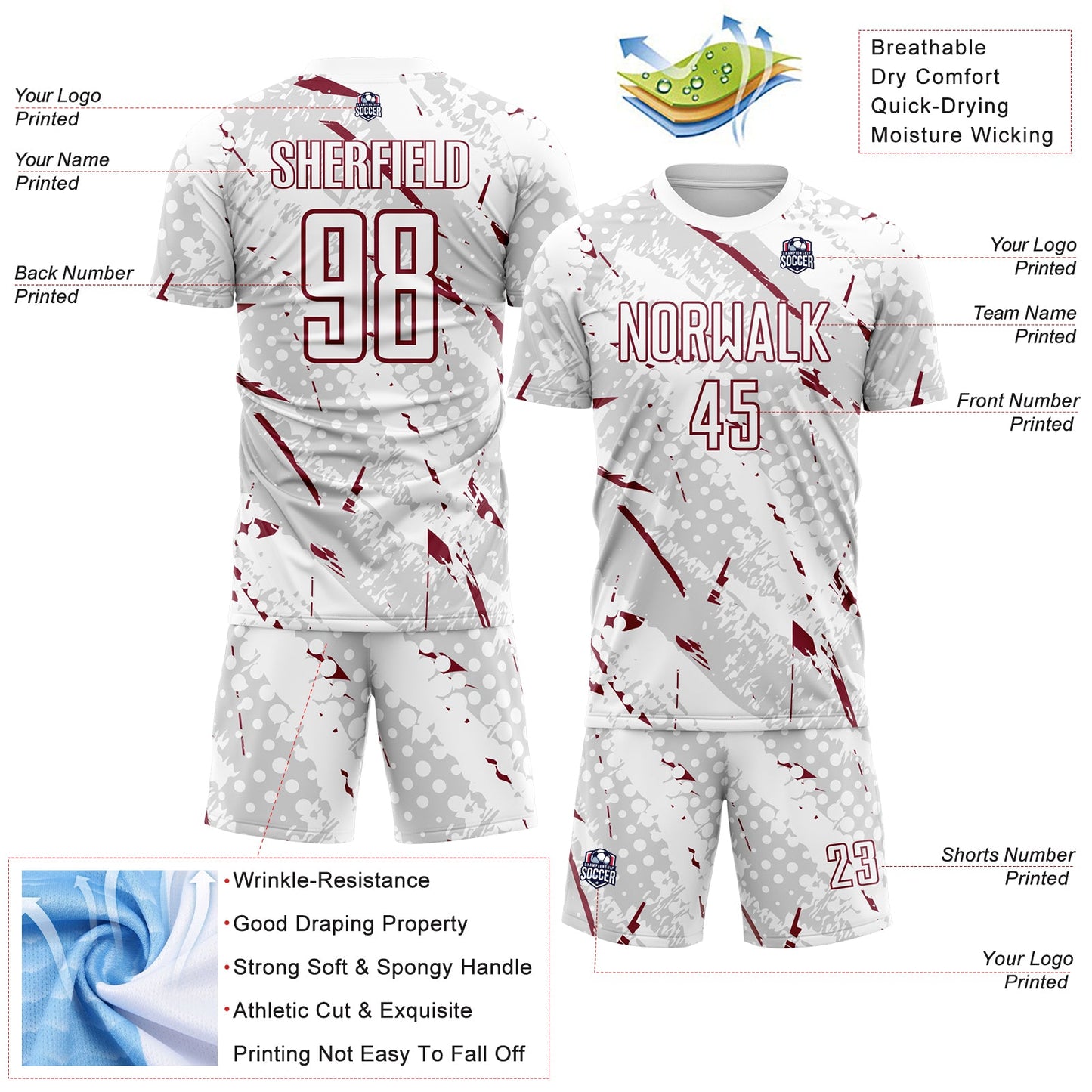 Custom White Crimson-Gray Brush Stroke Slashes And Dot Grid Sublimation Soccer Uniform Jersey view 4