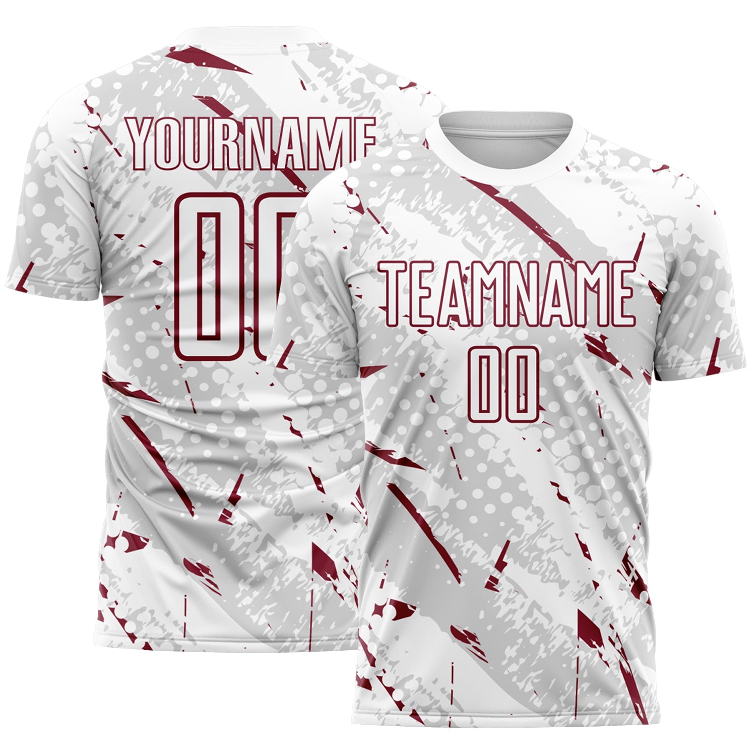 Custom White Crimson-Gray Brush Stroke Slashes And Dot Grid Sublimation Soccer Uniform Jersey - Main View