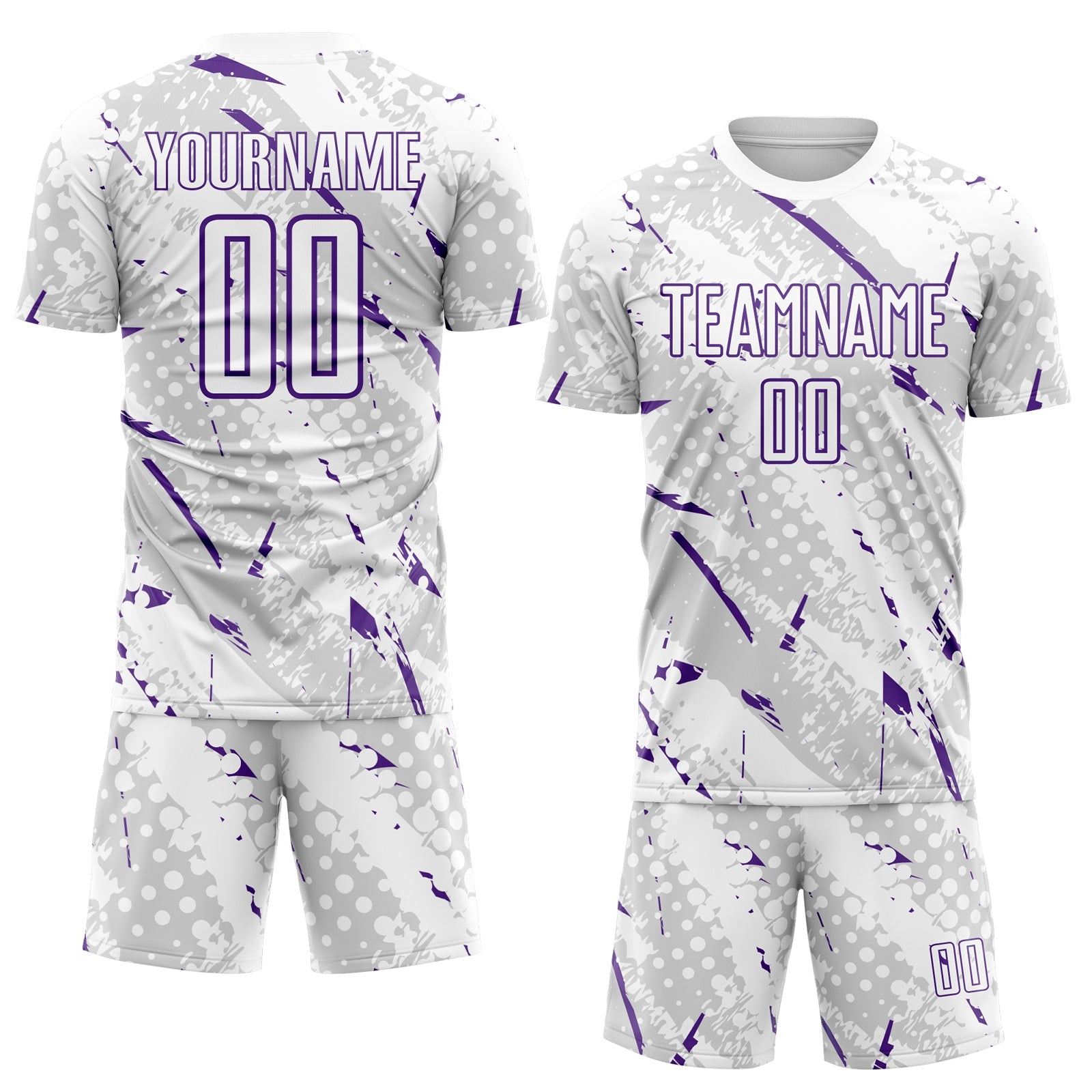 Custom White Purple-Gray Brush Stroke Slashes And Dot Grid Sublimation Soccer Uniform Jersey view 2