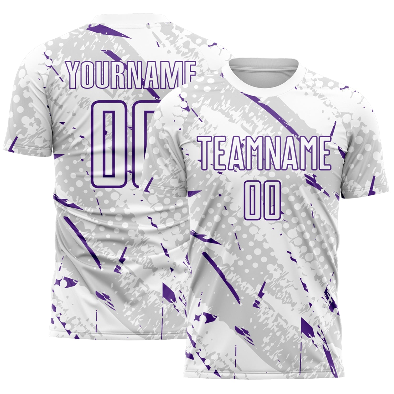 Custom White Purple-Gray Brush Stroke Slashes And Dot Grid Sublimation Soccer Uniform Jersey - Main View