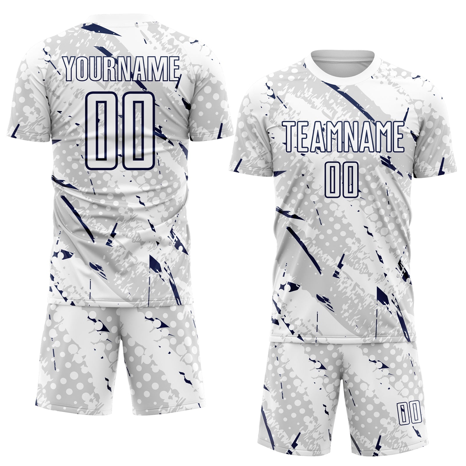 Custom White Navy-Gray Brush Stroke Slashes And Dot Grid Sublimation Soccer Uniform Jersey view 2