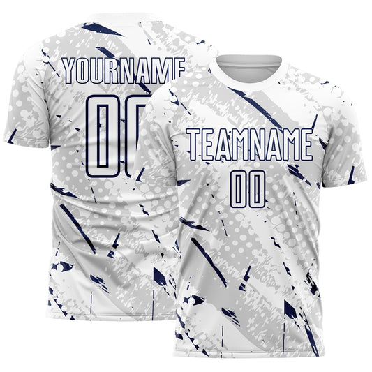 Custom White Navy-Gray Brush Stroke Slashes And Dot Grid Sublimation Soccer Uniform Jersey - Main View