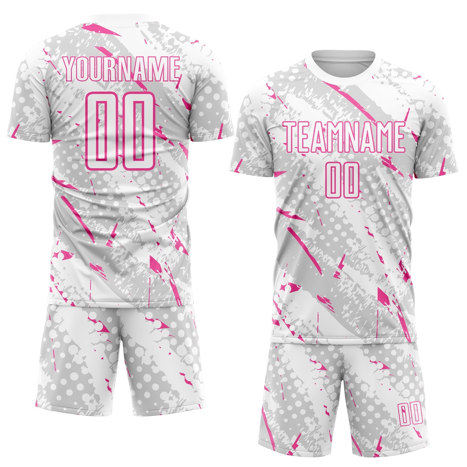 Custom White Pink-Gray Brush Stroke Slashes And Dot Grid Sublimation Soccer Uniform Jersey view 2