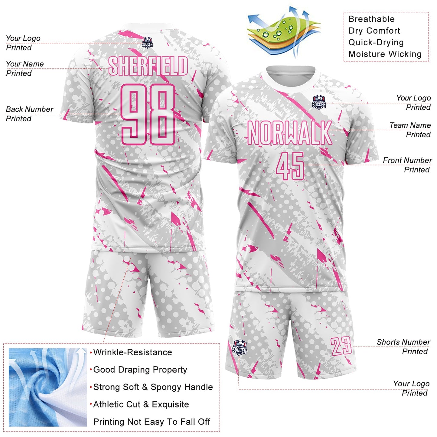 Custom White Pink-Gray Brush Stroke Slashes And Dot Grid Sublimation Soccer Uniform Jersey view 4