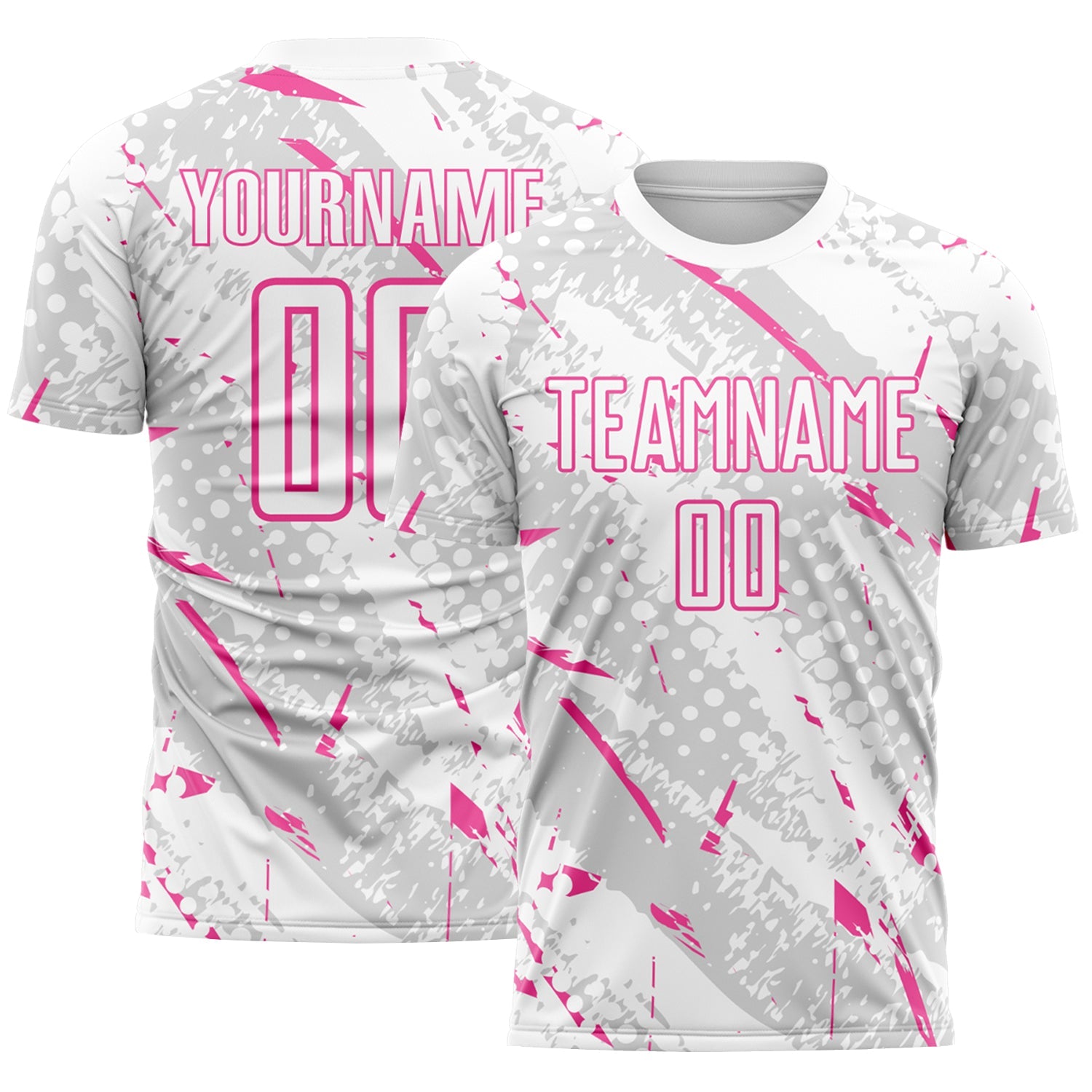 Custom White Pink-Gray Brush Stroke Slashes And Dot Grid Sublimation Soccer Uniform Jersey - Main View