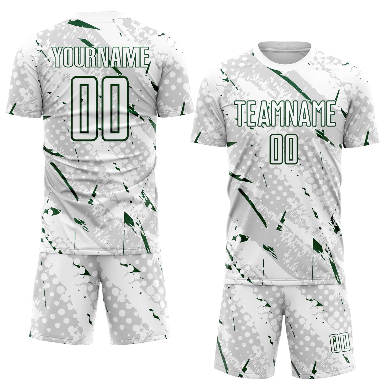 Custom White Green-Gray Brush Stroke Slashes And Dot Grid Sublimation Soccer Uniform Jersey view 2