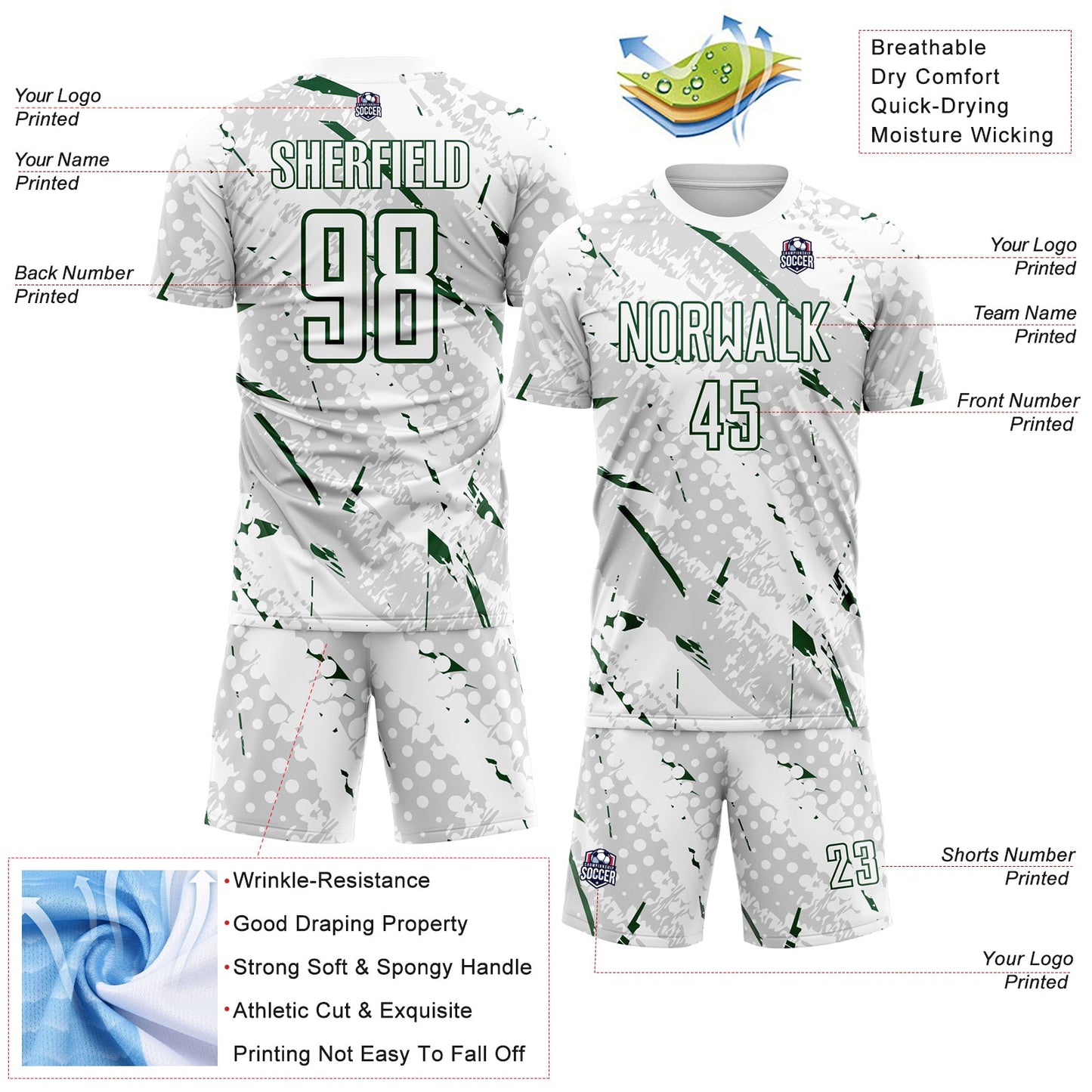 Custom White Green-Gray Brush Stroke Slashes And Dot Grid Sublimation Soccer Uniform Jersey view 4