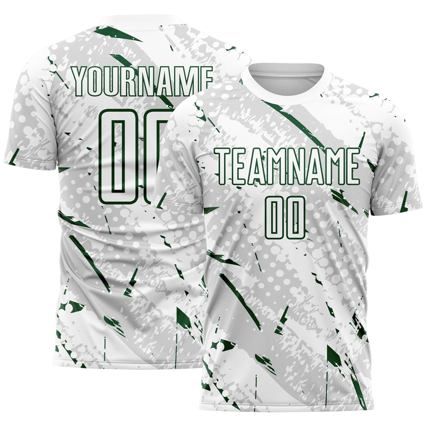 Custom White Green-Gray Brush Stroke Slashes And Dot Grid Sublimation Soccer Uniform Jersey - Main View