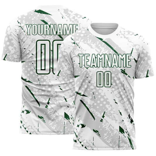 Custom White Green-Gray Brush Stroke Slashes And Dot Grid Sublimation Soccer Uniform Jersey - Main View