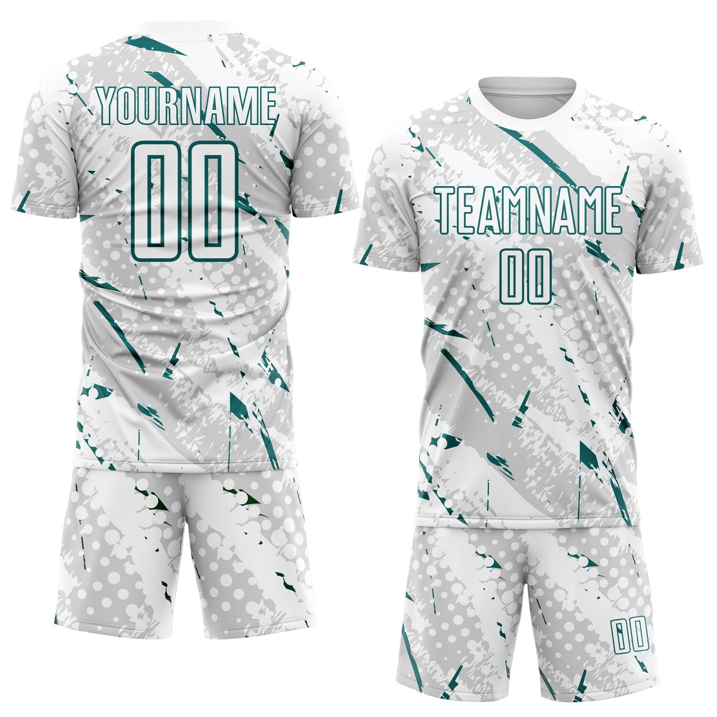 Custom White Teal-Gray Brush Stroke Slashes And Dot Grid Sublimation Soccer Uniform Jersey view 2